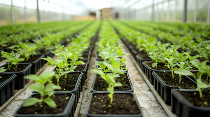 Greenhouse Rows of Seedlings, Young Plants Growing in Pots, Vibrant Green Sprouts Thriving in a Controlled Environment, Cultivating New Life in Spring.