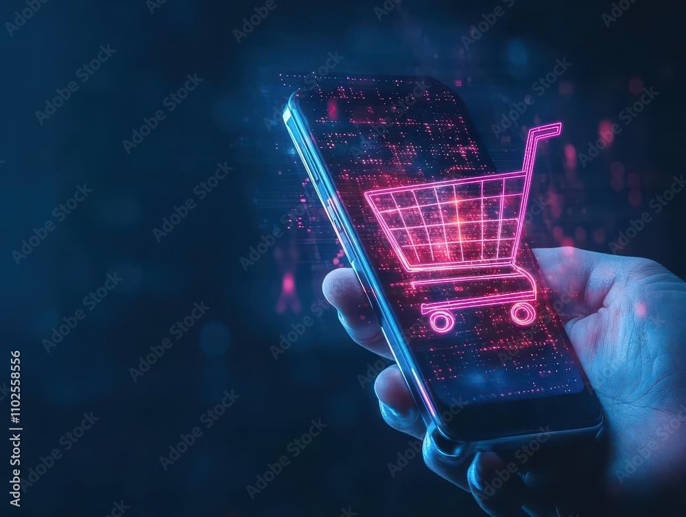 Aufkleber shopping cart icon glowing on a smartphone screen innovation digital commerce selective focus futuri