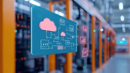 A digital representation of cloud computing, illustrating data flow and analytics within a modern data center environment.