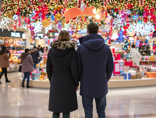 Ai generated image of young couple in shopping mall looking at New Year and Christmas presents in a store