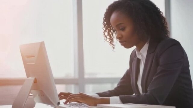 Focused data entry clerk at desk in modern office