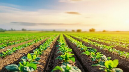 Obraz premium Smart irrigation system managing a sustainable farm side view focusing on water conservation futuristic tone Splitcomplementary color scheme