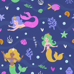 Princess mermaid seamless pattern. Flat cartoon with underwater elements.