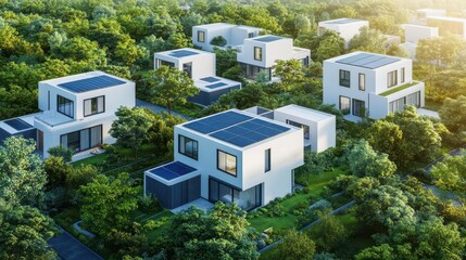 Solarpowered futuristic homes nestled among watercolorpainted lush greenery