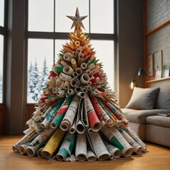 An artistic Christmas tree crafted from tightly rolled newspapers and magazines, each roll showcasing colorful patterns and textures,300 DPI High Resolution