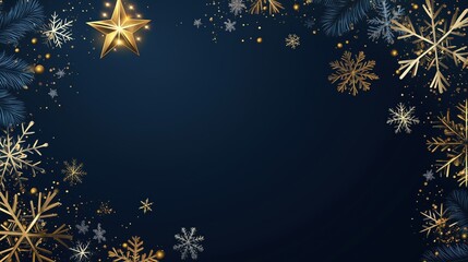 Elegant Christmas design featuring golden snowflakes and stars on deep navy blue background for a festive holiday atmosphere
