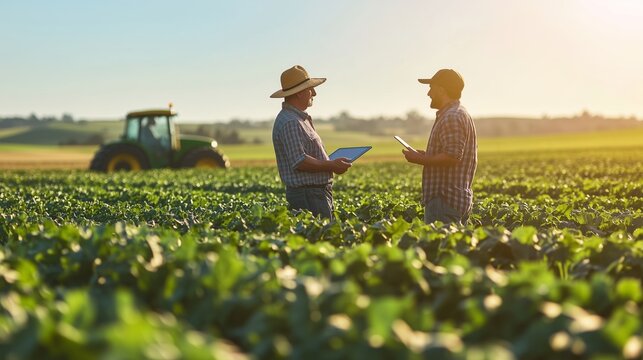 Two farmers chat in a sunny field, showcasing collaboration amid green crops and clear skies.