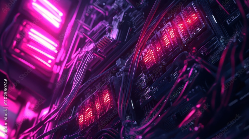 Poster a close-up view of a computer server with illuminated components and numerous wires.