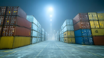 Fototapeta premium Cargo Containers, Night at the Shipping Port, Rows of Stacked Shipping Containers Under Lit Sky