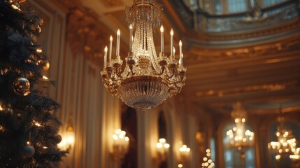 Fototapeta premium A grand chandelier illuminates an elegant room adorned for the holidays.