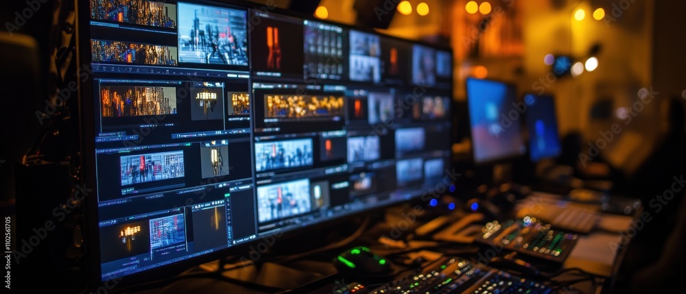 Poster a control room with multiple screens displaying video feeds and editing software.