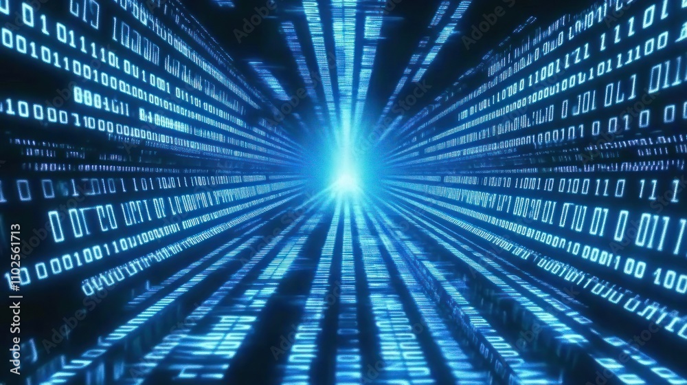 Poster a digital tunnel of binary code converging towards a bright light, symbolizing data flow.