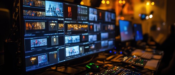 A control room with multiple screens displaying video feeds and editing software.