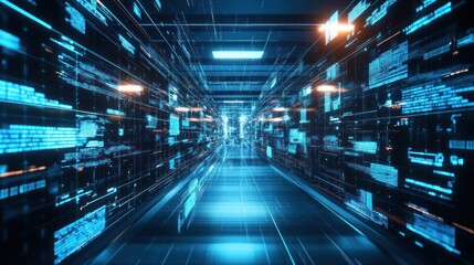 A futuristic digital corridor with glowing data streams and holographic elements.