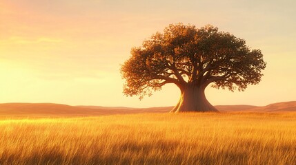 Obraz premium Golden savanna: A majestic baobab tree stands in the vast, golden savanna, illuminated by the soft light of the sunset, with gentle grass swaying in the breeze. 