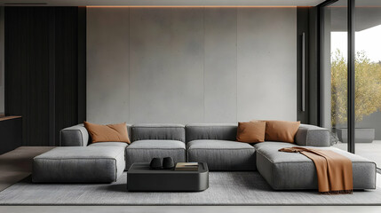 Fototapeta premium Modern Sectional Sofa in Minimalist Living Room with Concrete Wall