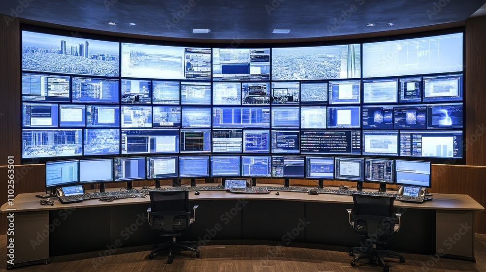Poster a high-tech control room with multiple screens displaying data and analytics.