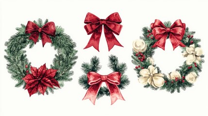 Holiday wreath and bows flat design front view classic celebration theme water color Triadic Color Scheme