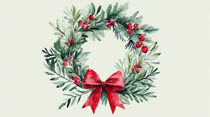 Holiday wreath and bows flat design front view classic celebration theme water color Triadic Color Scheme