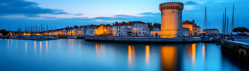 Coastal Town at Dusk, Harbor Buildings and Tower Reflect in Calm Waters