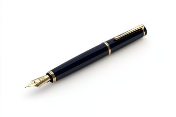 A black pen with gold trim sits on a white background