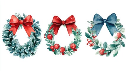 Holiday wreath and bows flat design front view classic celebration theme water color Triadic Color Scheme