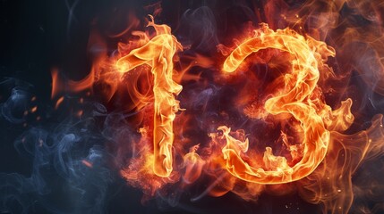 Fototapeta premium The number 13 glows brightly in fiery orange flames, surrounded by swirling smoke, creating a dramatic and symbolic depiction of danger and superstition. AI generated.