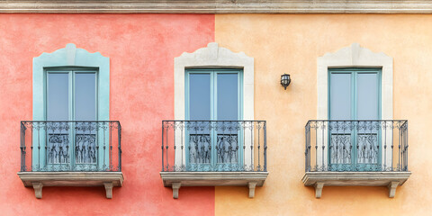 Mediterranean Building Facade, Three Pastel Balconies with Wrought Iron Railings on a Two-Tone Wall