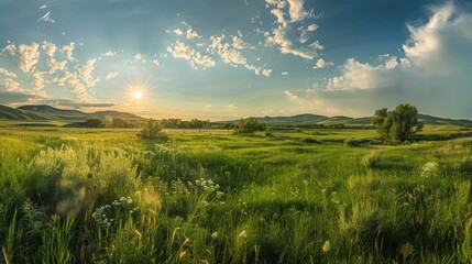 Obraz premium A serene landscape at sunrise, showcasing lush greenery and rolling hills under a clear sky.