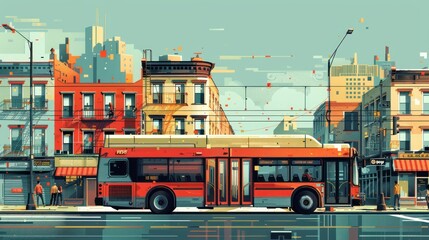 City bus on a street with buildings.