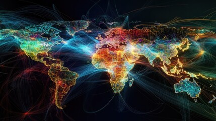 World with digital trade routes and nodes, network connection, international trading