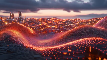 Futuristic Cityscape with Glowing Wave Patterns at Sunset