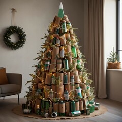An eco-friendly Christmas tree made entirely of recycled materials like cardboard, glass bottles, rustic charm,300 DPI High Resolution