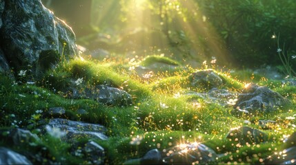 Sunlit mossy forest floor with rocks and wildflowers.