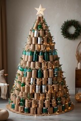 An eco-friendly Christmas tree made entirely of recycled materials like cardboard, glass bottles, rustic charm,300 DPI High Resolution