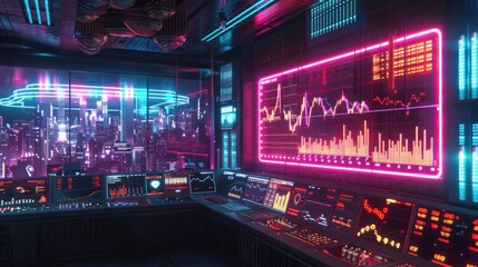 Futuristic control room with city view and stock market data displayed on large screen.