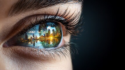A close-up shot of a person's eye reflecting a diverse world, with images of various cultures and communities seen in the pupil. This powerful imagery symbolizes the concept of seeing beyond 