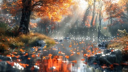 Fototapeta premium Sunlit autumn scene with falling leaves reflecting in a calm stream.