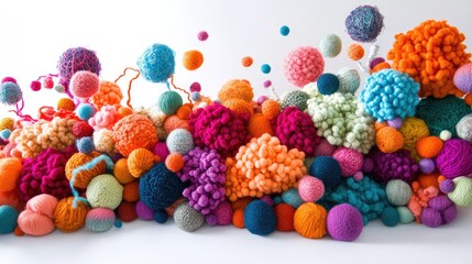 Fototapeta premium Colorful Collection of Textured Yarn Pom Poms and Fiber Balls