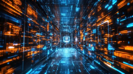 Fototapeta premium Futuristic Digital Tunnel with Blue and Orange Light Patterns