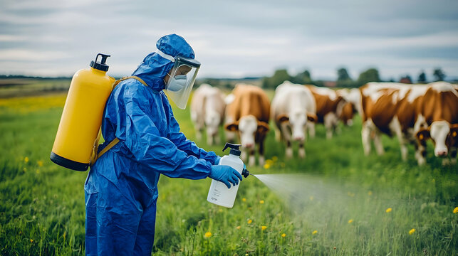 Agricultural Worker in Protective Suit Sprays Pesticide on Lush Green Pasture with Cows Grazing