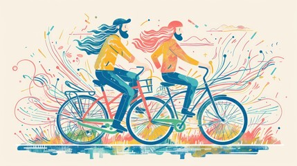 Fototapeta premium Couple biking together, vibrant illustration.