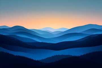 Obraz premium Serene Blue Mountain Range Illustration, Layers of hills bathed in sunset's soft glow, creating a peaceful landscape.