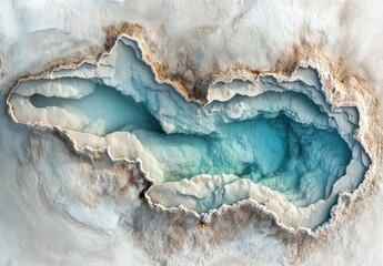 Naklejka premium Aerial View of Turquoise Water Surrounded by Uniquely Shaped Natural Rock Formation with Textured Edges and Earthy Tones in a Remote Area