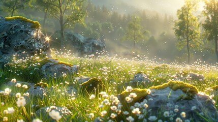Sunlit meadow with wildflowers, rocks, and misty forest background.