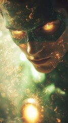 Ethereal Heroic Character with Green Glow and Fiery Elements in a Mysterious Fantasy Setting, Captivating and Dynamic Portrait for Creative Projects