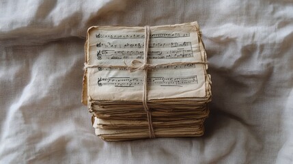 Naklejka premium Vintage Music Sheets Tied with Twine on a Textured Fabric Surface