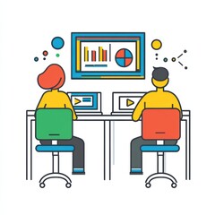 In a modern workspace, two individuals attend an online training session, focusing on data presentation using visualization tools on their laptops and a display screen