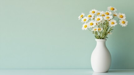 Elegant White Vase with Fresh Daisies Against Soft Green Background