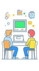 Two individuals are actively participating in an online training session. They are seated at a desk, focused on a computer screen displaying training content